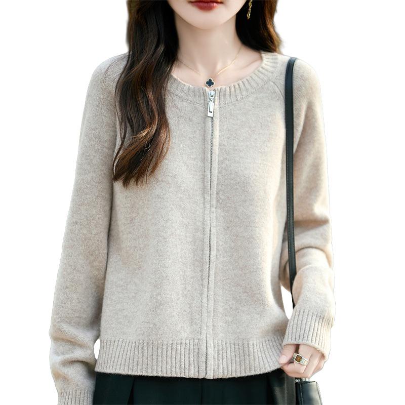 Women's Pure Wool Zipper Cardigan - Thick, Round Neck, Casual, Loose Fit Sweater for Autumn & Winter