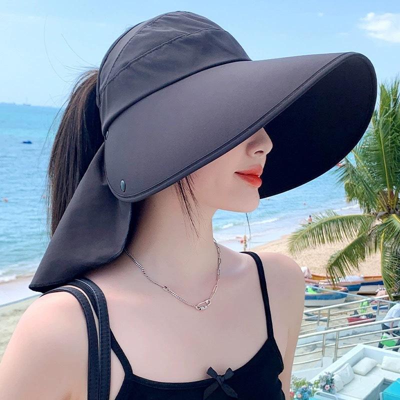 

Новая шляпа-цилиндр с открытым верхом, женская шляпа от солнца с защитой шеи, с большими полями, можно завязать с хвостиком, шляпа для защиты от солнца, УФ-шляпа от солнца