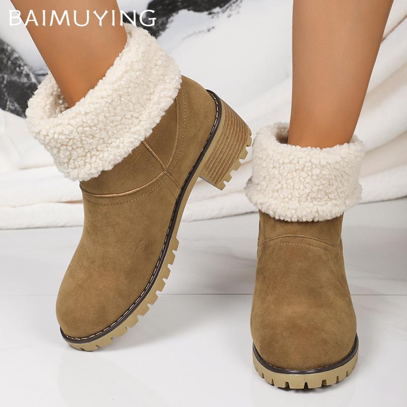 Fur Women Snow Ankle Boots Suede Mid Heels Designer Shoes Short Plush Chunky Chelsea Boots 2024 Trend Winter Pumps Botas Mujer