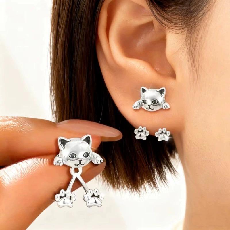 Vintage Funny Silver Color Cat Earring For Women Cute Animal Cat Paw Back Hanging Earrings Party Banquet Piercing Jewelry Gift