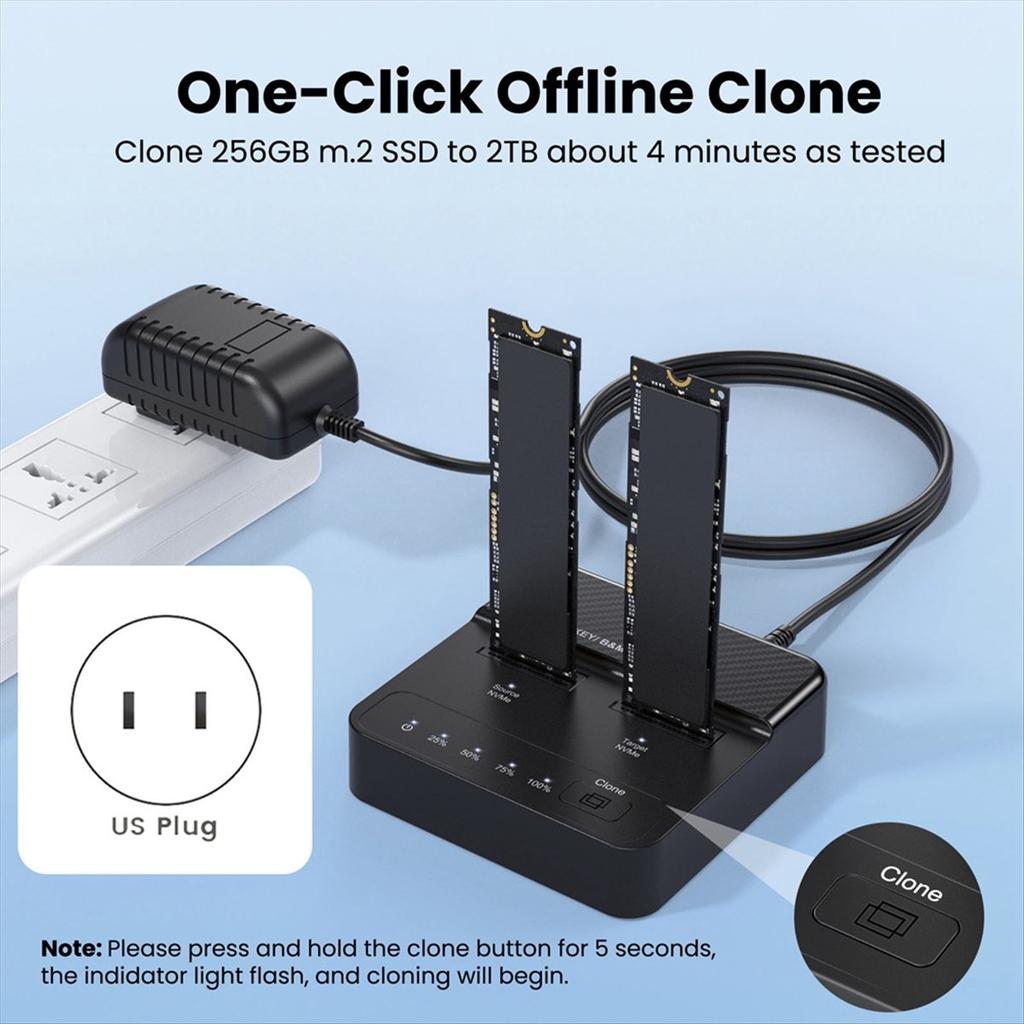 NVME SolidState Drive Duplicator Dual-Bay M.2 SSD DockingStation Read-Write 20Gbps Offline Copying Cloner Duplicator(US)