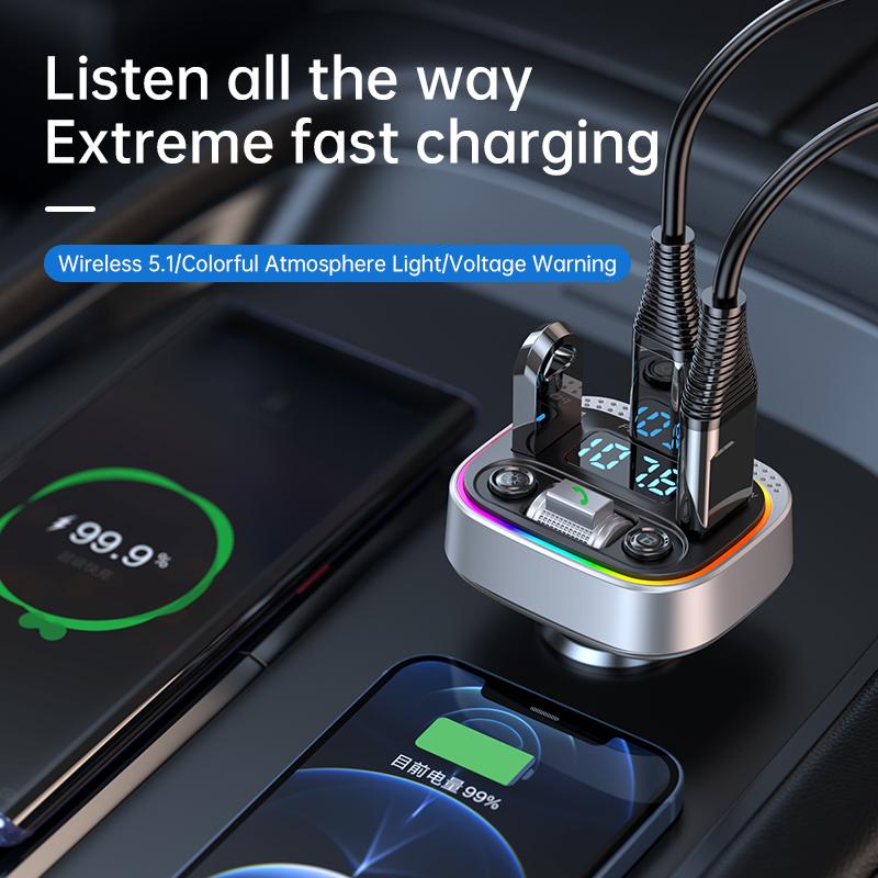 

T21 Fast Charging Vehicle Charger Ambient Light Car Bluetooth-compatible FM Radio Hands-free Phone Calling MP3 Player Type A