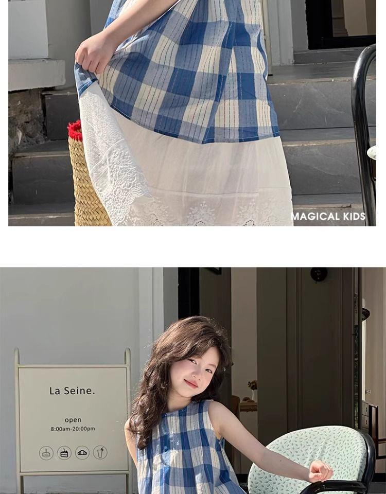 Stylish Plaid Stripe Vest & Lace Hem Top Two-Piece Set for Girls - Summer 2026 Collection