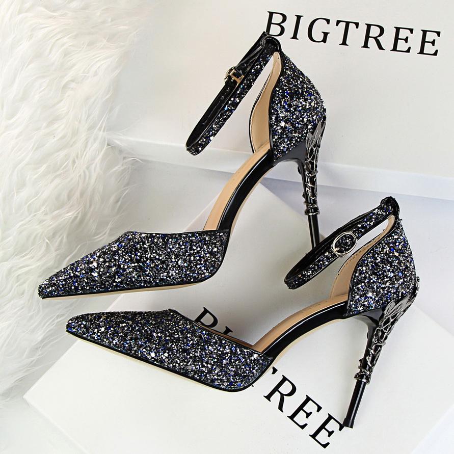 Bigtree European and American Fashion Sexy Hollow Out Nightclub Show Metal Heel  9.5cm High Heel Sparkle Sequins with Sandals