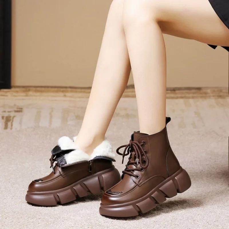 Fashion Women's Boots 2024 Winter New Fur Snow Boots Platform Plush Comfortable Anti Slip Warm Lace Up Cold Proof Cotton Ankle Boots