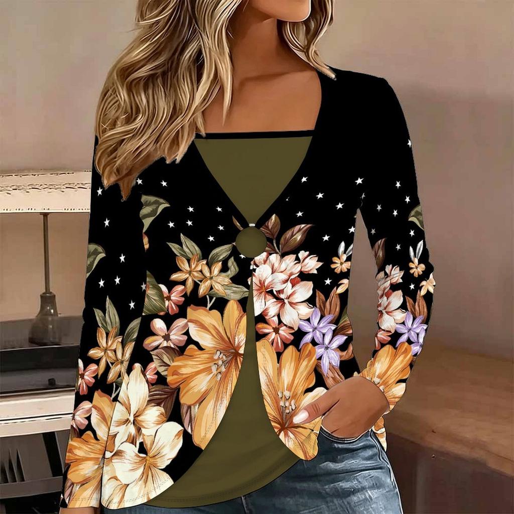 Tops for Women  Floral Print Long Sleeve Fake Two‑Piece Top Fall Casual Slim Pullover Women's Long Sleeve Top