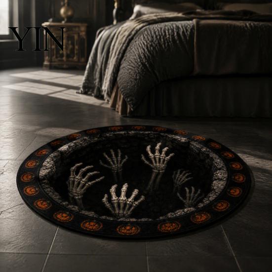 Soft Crystal Velvet Rug 3D Illusion Halloween Rug, Quilted Look Round Area Creepy Deep Pit Holiday Gift for Friends Design, Non-Slip Floor Mat Living