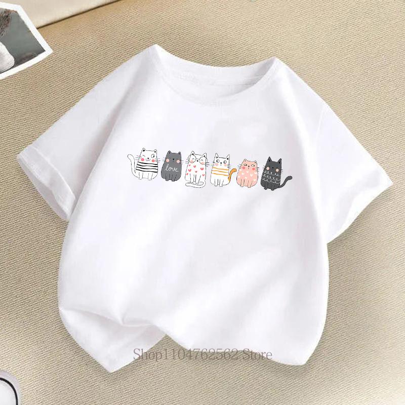 Cute Cat Print Children T-shirts Summer Girls Boys Casual Fashion Kawaii Short Sleeve Tops O-Neck Colorful Kids T-shirts