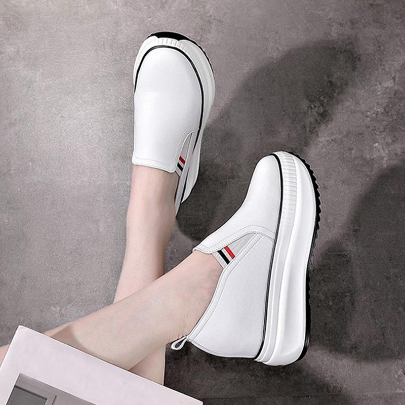 2026 Spring Autumn Genuine Leather White Shoes Women Fashion Sneakers Flat Platform Shoes Cow Leather Brand Ladies Height Increasing 8cm