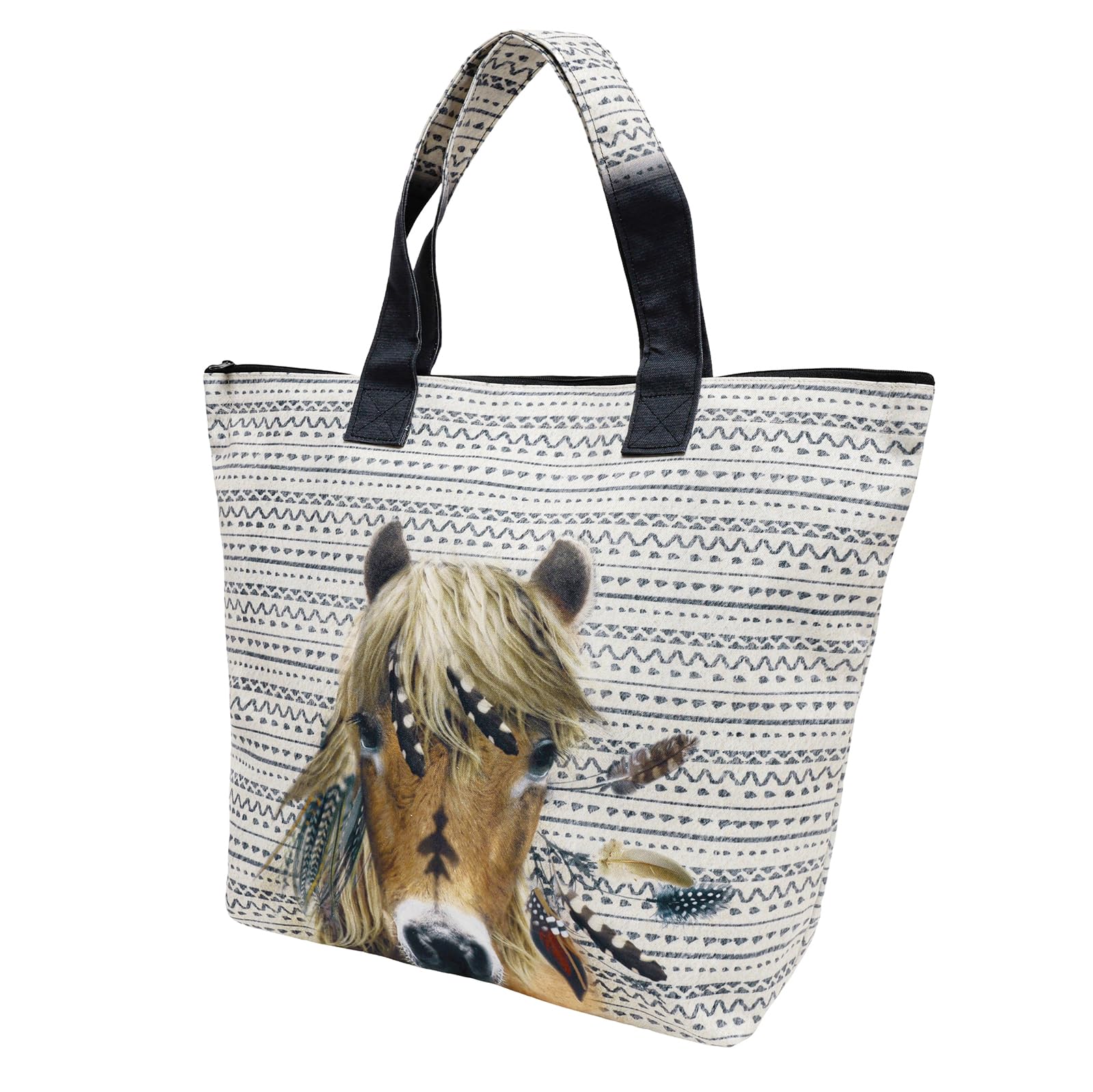

[Lucie dancette] Large Tote Bag with Zipper Top, Horse Print, Made in Japan, Large and Lightweight Shoulder Bag