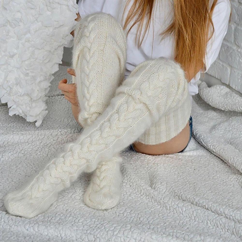Fashion Women Thigh High Socks Extra Long Woolen Knit Warm Thick Tall Long Boots Stockings Leg Warmers for Girls Winter Pile Thick Socks
