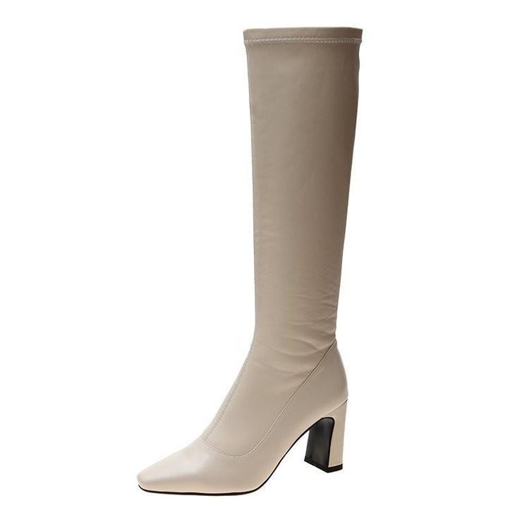Korean Version of White Pointed High-heeled Boots, But Knee Thick Heels, Thin Elastic Boots, Small Man