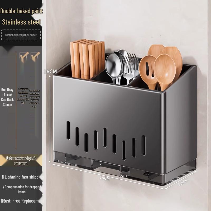 Wall-Mounted Stainless Steel Chopstick and Utensil Holder with Suction Cup