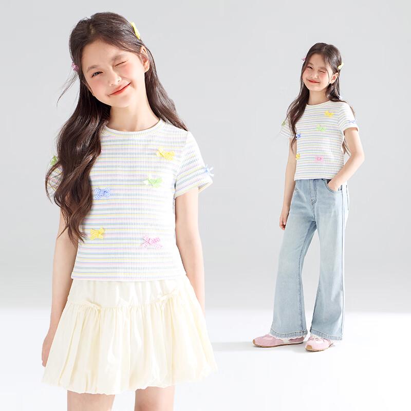 Mucmukn Girls  Rainbow Stripe Ribbed Bow T-shirt 130CM
