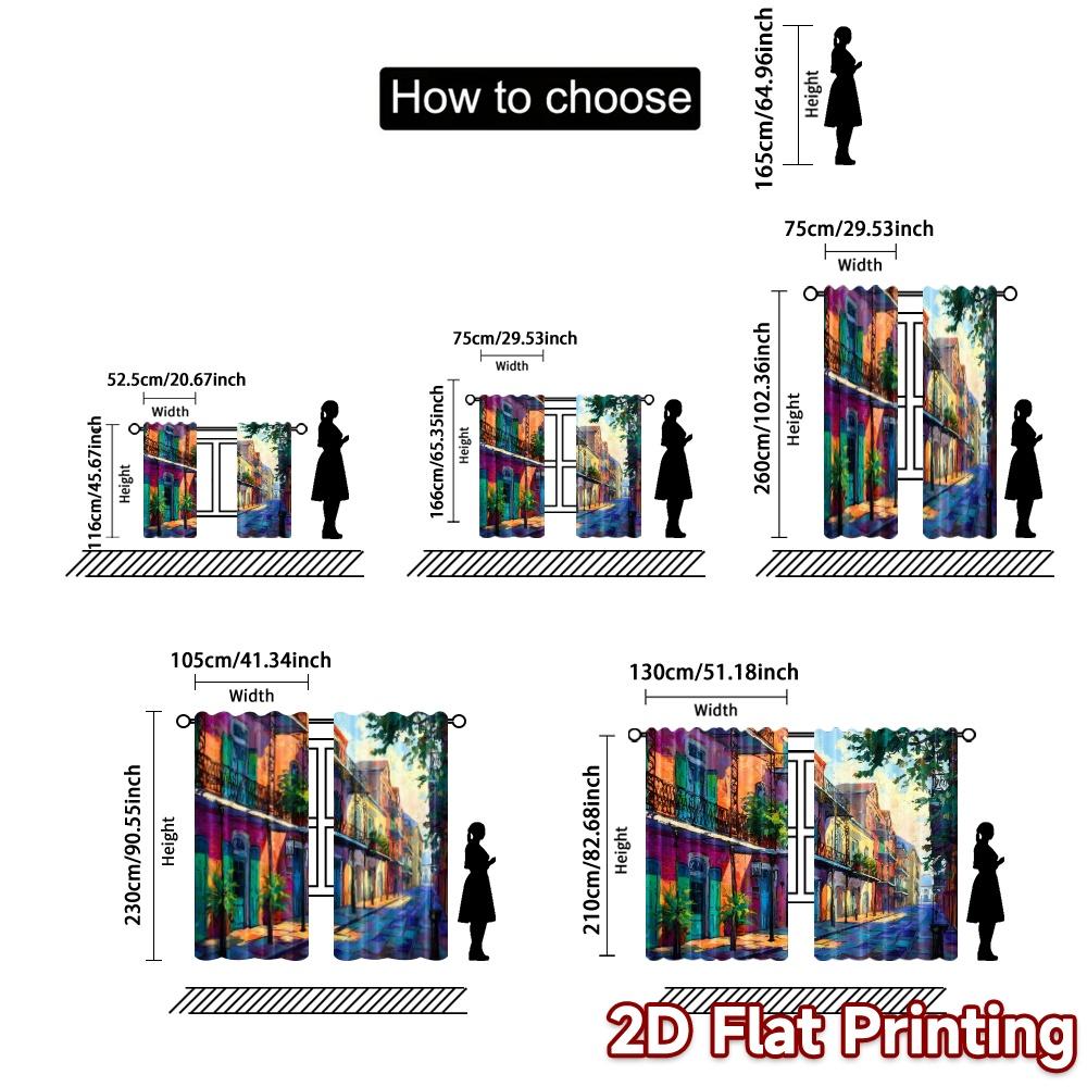 2pcs, 2D FLAT PRINTING Curtains (Without Rod) Colorful Street Popular Light Filtering Curtains Fabric Curtains Home Decor Ldeal