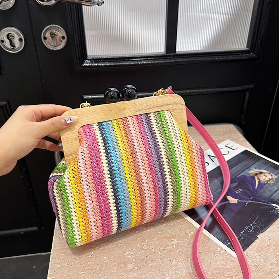 Summer Women's Shell Straw Handbag Striped Wooden Clip Bead Clutch Purse Fashi Colorful Single-shoulder Crossbody Bag Vacati
