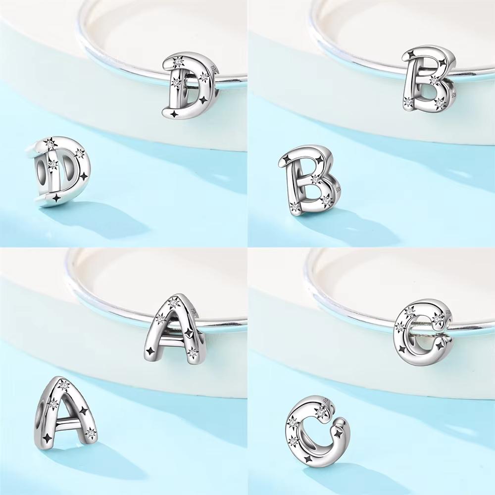 925 Silver Elegant A-Z White Zircon 26 Letters Charms Beads Fit Bracelet Women Jewelry DIY Birthday Anniversary Gift