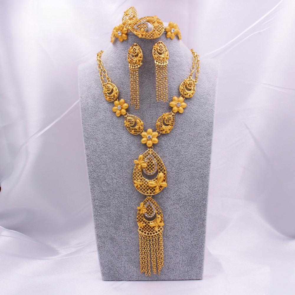 

Дубай, комплект ювелирных изделий из золота 24 карата, женское свадебное индийское ожерелье невесты, кольцо, серьги, браслет, комплект из четырех предметов