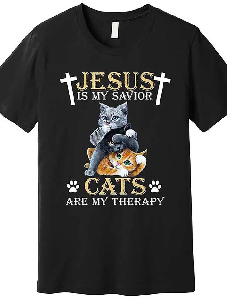 

Christian Cat Lover T-Shirt, 100% Cotton Crew Neck Tee with Jesus Is My Savior, M