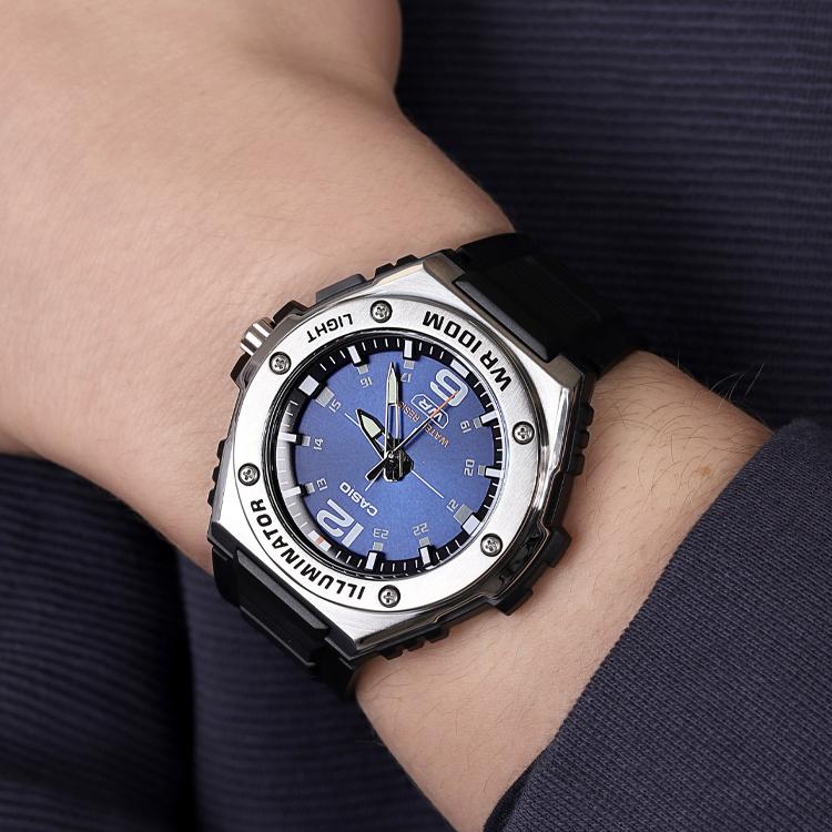 Casio Youth Series Round Dial Three Hands Industrial Style Business Fashion Quartz Movement Resin Strap Men Watches Blue MWA-100H-2A