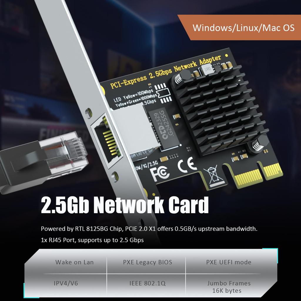 GLOTRENDS LE8105 2,5-Gbit/s-LAN-Karte mit RTL8125B-Chipsatz, 25001000100 Mbit/s NIC, RJ45-LAN-Anschluss (PCI-Express X1 Verbindung)