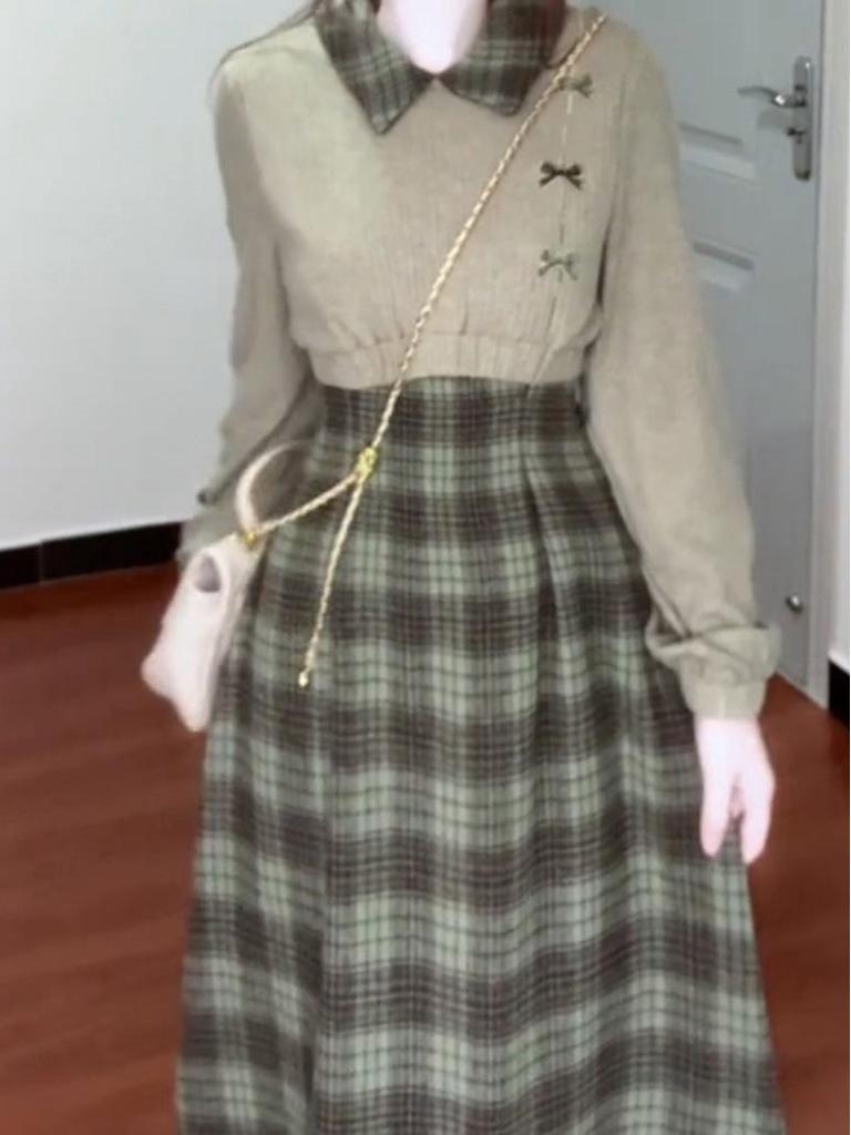 Women's French Academy Green Plaid Two-Piece Style Dress - Autumn/Winter 2025 Collection: Elegant, Long, High-Class Feel