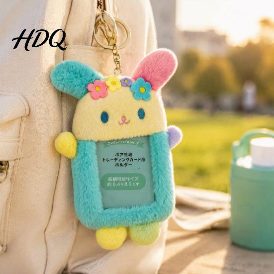 Decorative Bag Charm for Girls Cute Fluffy Rabbit Keychain Plush Card Holder Pendant with Animal Doll Flower Embroidery Kawaii Keys Backpack