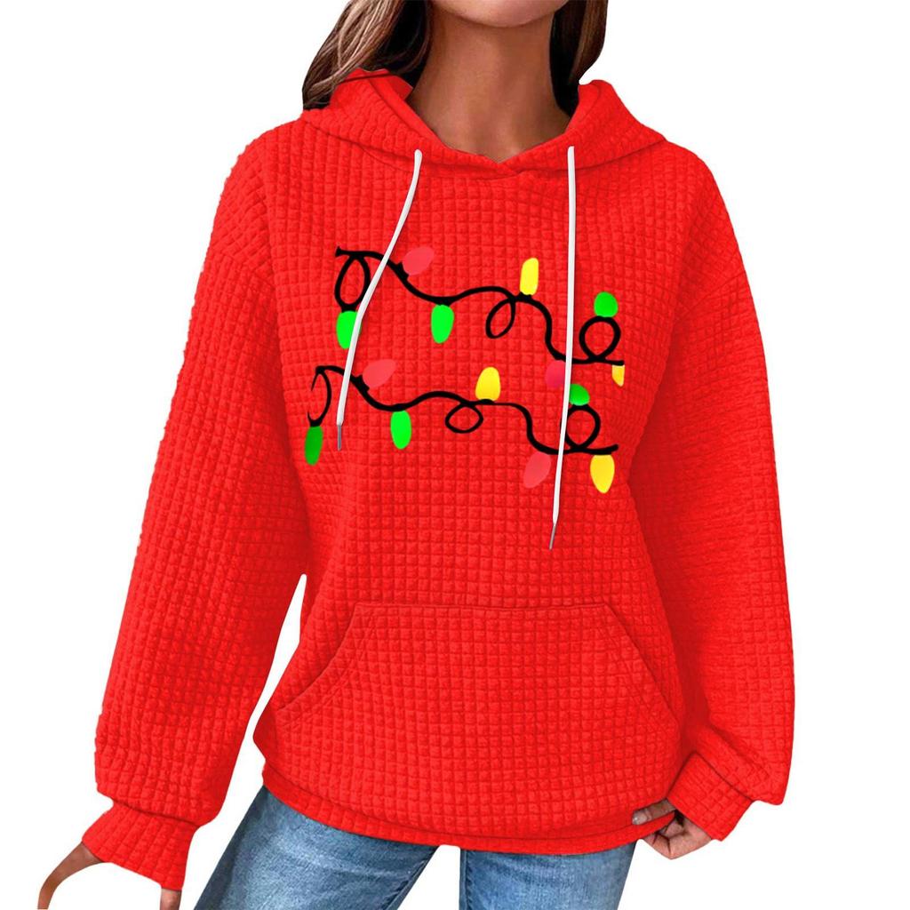 Women's Fashion Loose Hooded Pullover Long Sleeve Plaid Sweatshirt With Drawstring, Drop Shoulder, Pocket, Christmas Print Top