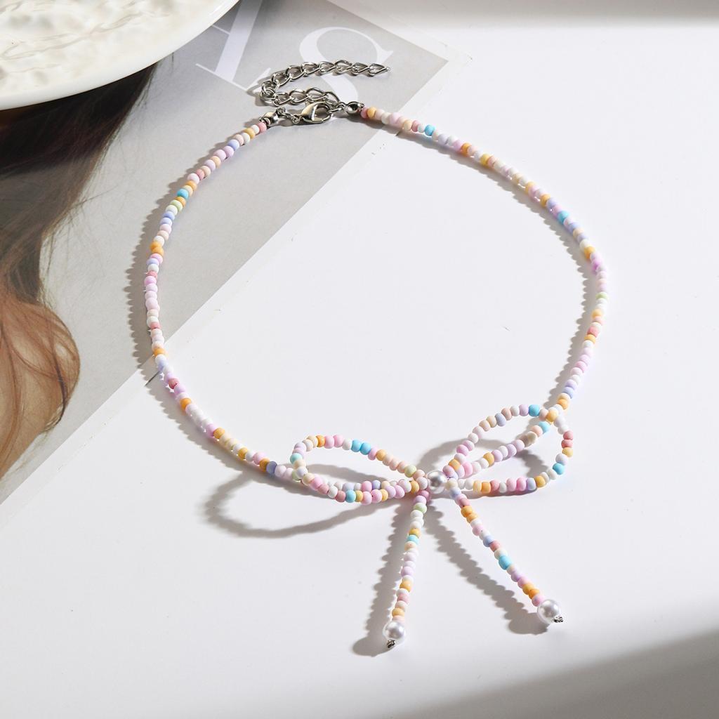 Bowknot Pendant Clavicle Chain Acrylic Beaded Butterfly Statement Women Necklace Adjustable Collarbone Chain Jewelry