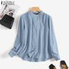 ZANZEA Kvinner uformelt stativ krage ensfarget langermet bluse
