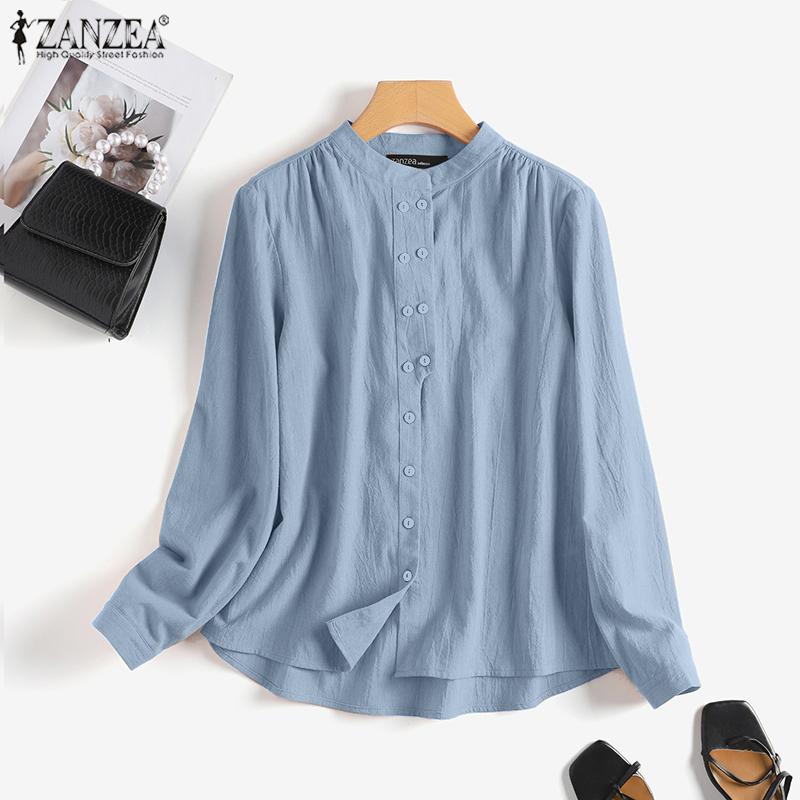 ZANZEA Dámská ležérní halenka s límečkem s dlouhým rukávem v jednobarevné barvě