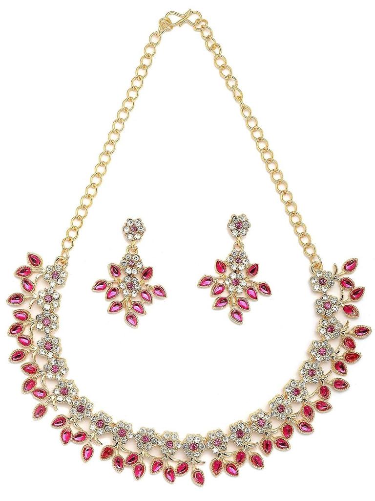 Charming Design Gold Plated AD Stone with Floral & Leaf Shaped Choker Necklace with Dangle Earring Jewellery Set
