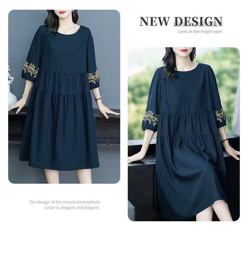 Vestido de Verano Étnico Bordado de Cuello Redondo - Costuras Retro Ajuste Holgado Slim para Tallas Grandes