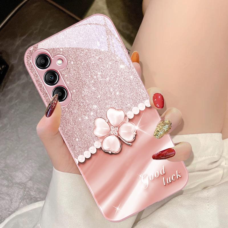 Lucky Clover White For Samsung Galaxy A14 4G 20 30 52 20S 21S 22 A32 33 34 42 50 51 53 54 70 71 72 73 5G Glass Phone Case
