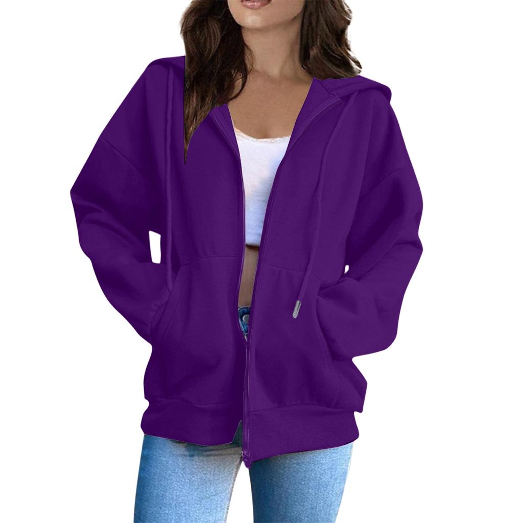 Women's Oversized Zip Up Hoodie Jacket with Pockets, Casual Long Sleeve Drawstring Hooded Sweatshirt for Fall Winter