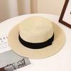 Flat top straw hat women's beach sunscreen bow top hat photo vacation straw weaving simple temperament sun hat