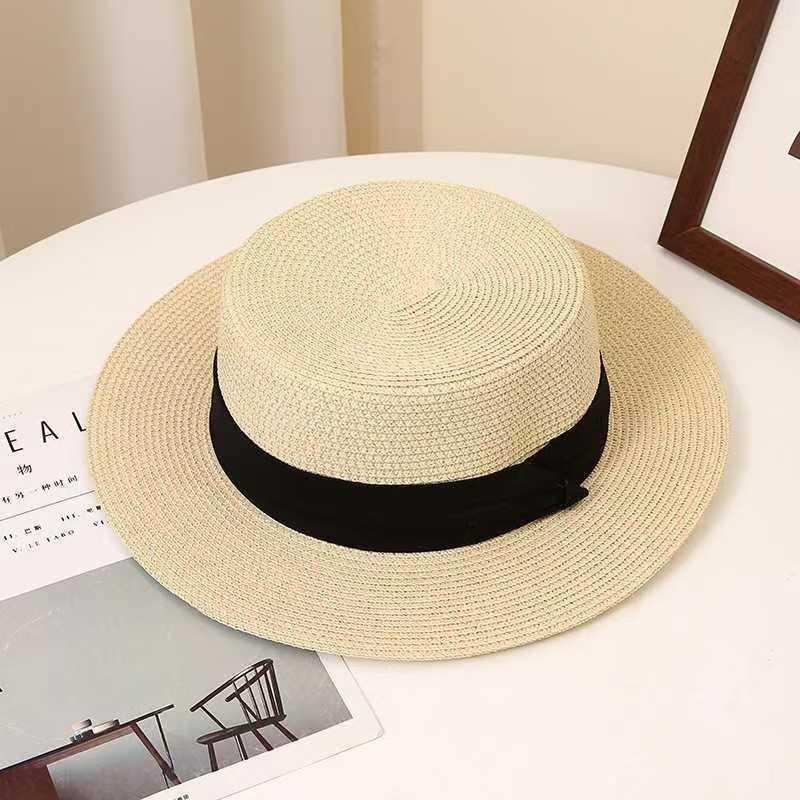 Flat top straw hat women's beach sunscreen bow top hat photo vacation straw weaving simple temperament sun hat