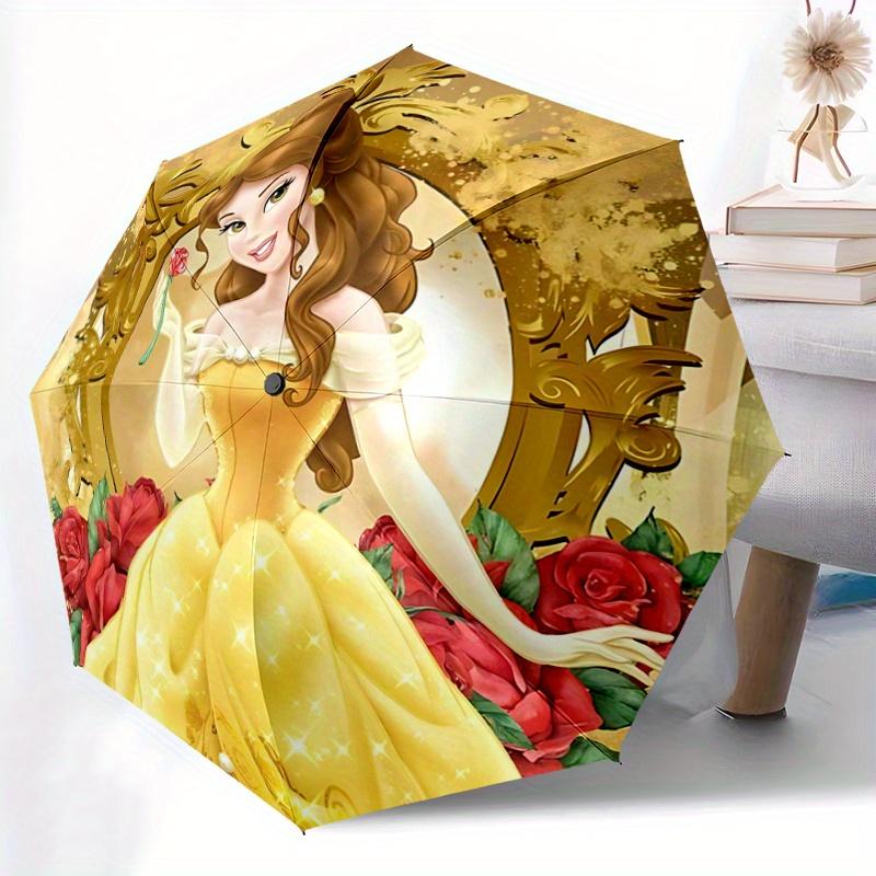 1pc Princess Belle Inspired Auto Open Close Umbrella - Portable 3-Fold Design with 8-Rib Iron Frame, Perfect for Outdoor Use, Festive Gifts,