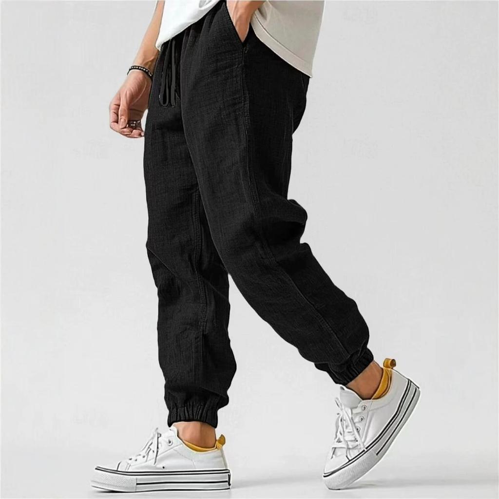 Men's linen pants summer breathable leggings beach straight pants solid color blended linen pants bundle legs