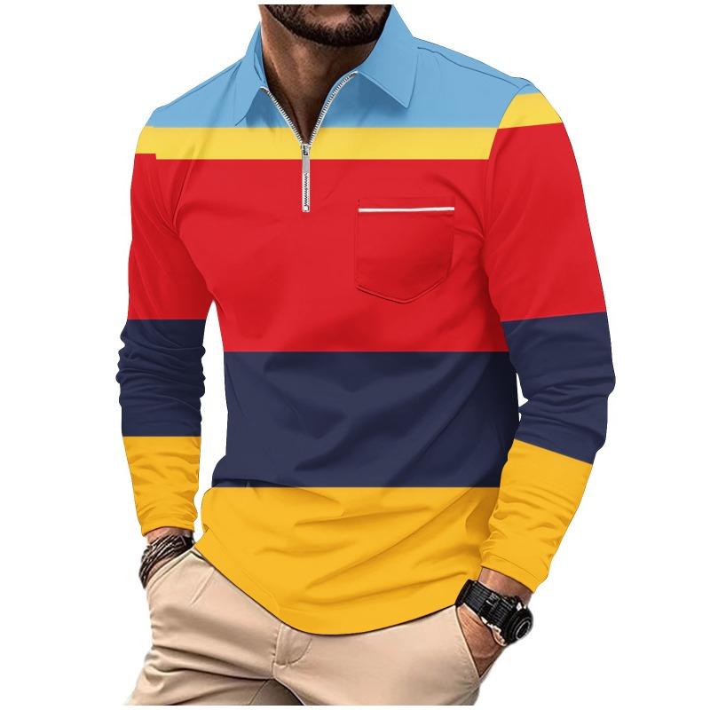 Men's Printed Polo Shirt with Zipper Pocket Sports Long Sleeved Polo Shirt