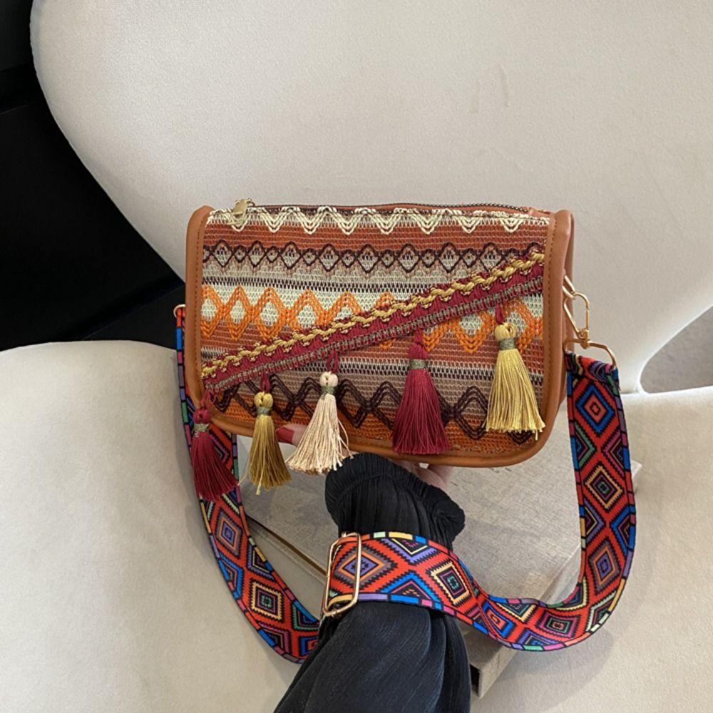 Embroidery Fringe Shoulder Bag Tassel Ethnic Style Crossbody Bag Bohemian Shoulder Bag  Travel