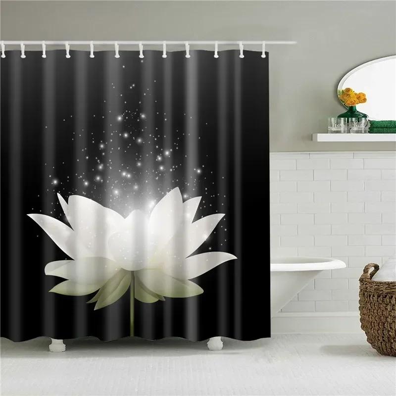 Lotus Buddha Rose Flower Green Leaves Lavender Butterfly Bathroom Accessories Set Shower Curtain with 12 Hooks