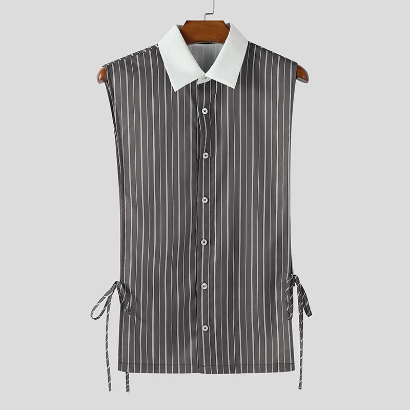

INCERUN Men Patchwork Lapel Sleeveless Striped Side Cutout Shirts Tank Tops M серый