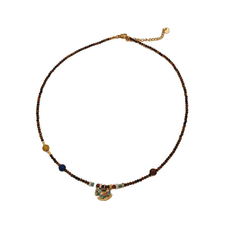 Vintage Tigerauge Stein Halskette mit vergoldetem Schaukelpferd Anhänger - 2025 Elegantes Design Schlüsselbeinkette.