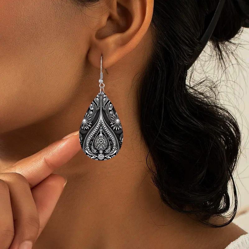 Bohemian Style Gery PU Earrings with Floral Vine Patterns, Fashion Earrings, Y2K Style Exquisite Earrings