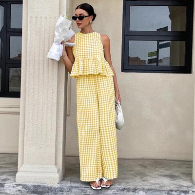 Modische lässige ärmellose Rundhalsbluse mit Rüschensaum, High-Waist-Hose mit geradem Bein