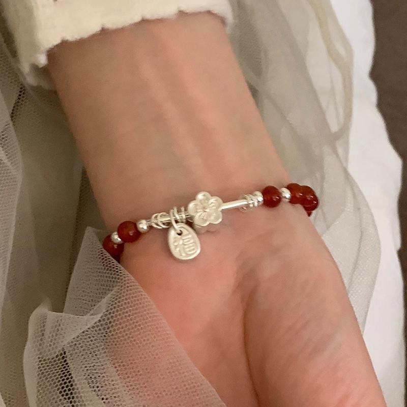 VENTFILLE 925 Sterling Silve Red Agate Bracelet for Women Flower Pendant Lucky Bead Originality Jewelry Gift Dropshipping