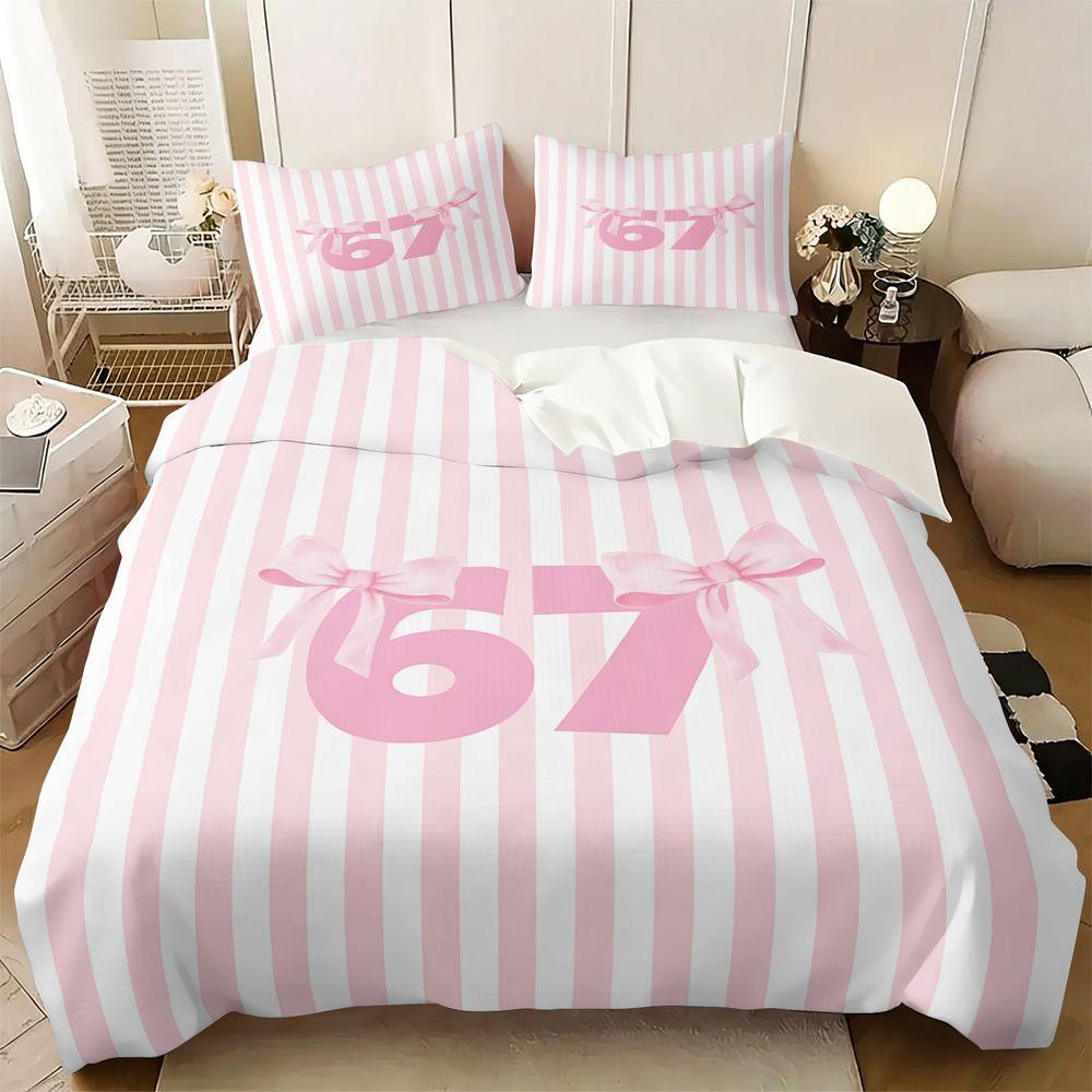 Cute Pink Bows Number 67 Print Duvet Cover Set (1 Duvet Cover & 1/2 Pillowcase) Soft Pastel Aesthetic Bedding Set for Girls Room