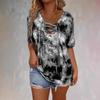 Women Pink Tie Dye Lace Up V Neck Short Sleeve Casual Loose Fit T Shirt