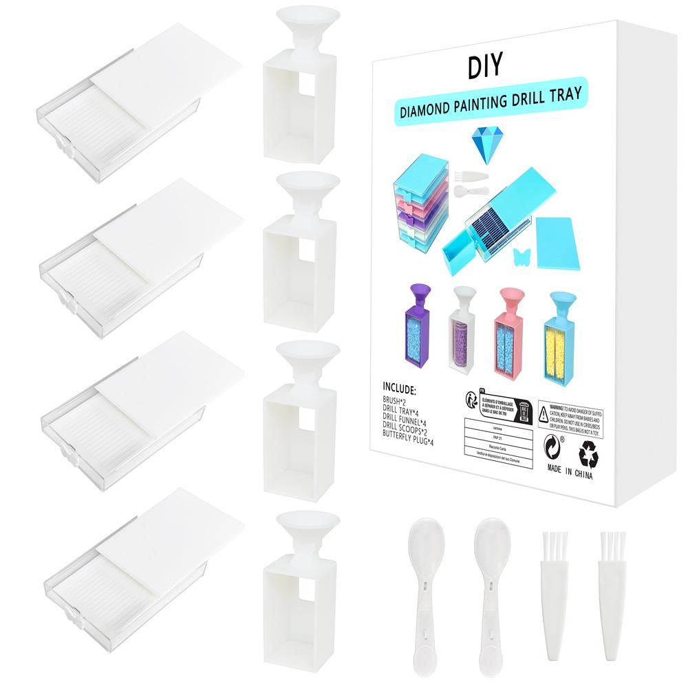 4PCS Diamond Painting Tool Tray With 4pcs Drills Funnel,Cover Beads Container Tray Organizer 5D DIY Diamond Embroidery Accessori